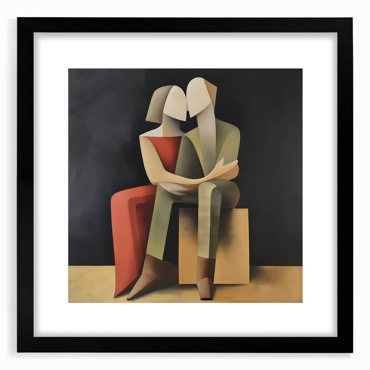 Abstract figurative black frame with a mat, showcasing a modern art piece. The front view highlights its sleek design, perfect for enhancing contemporary decor.