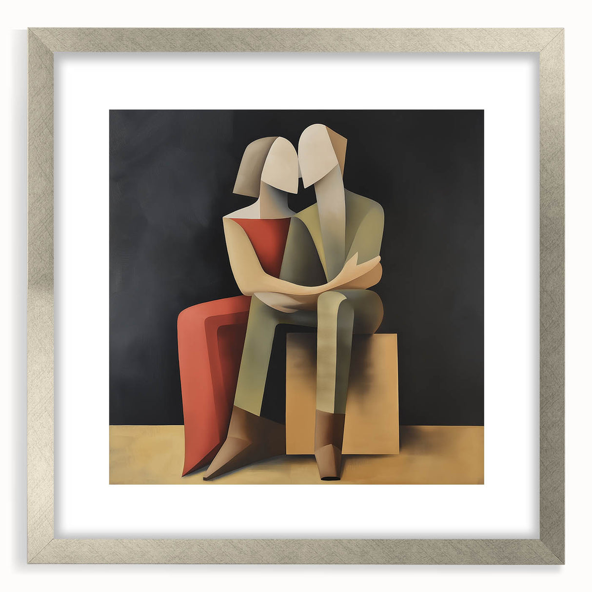 Abstract figurative art frame with a silver mat, showcasing a modern design that enhances contemporary decor. Ideal for adding elegance to any room.