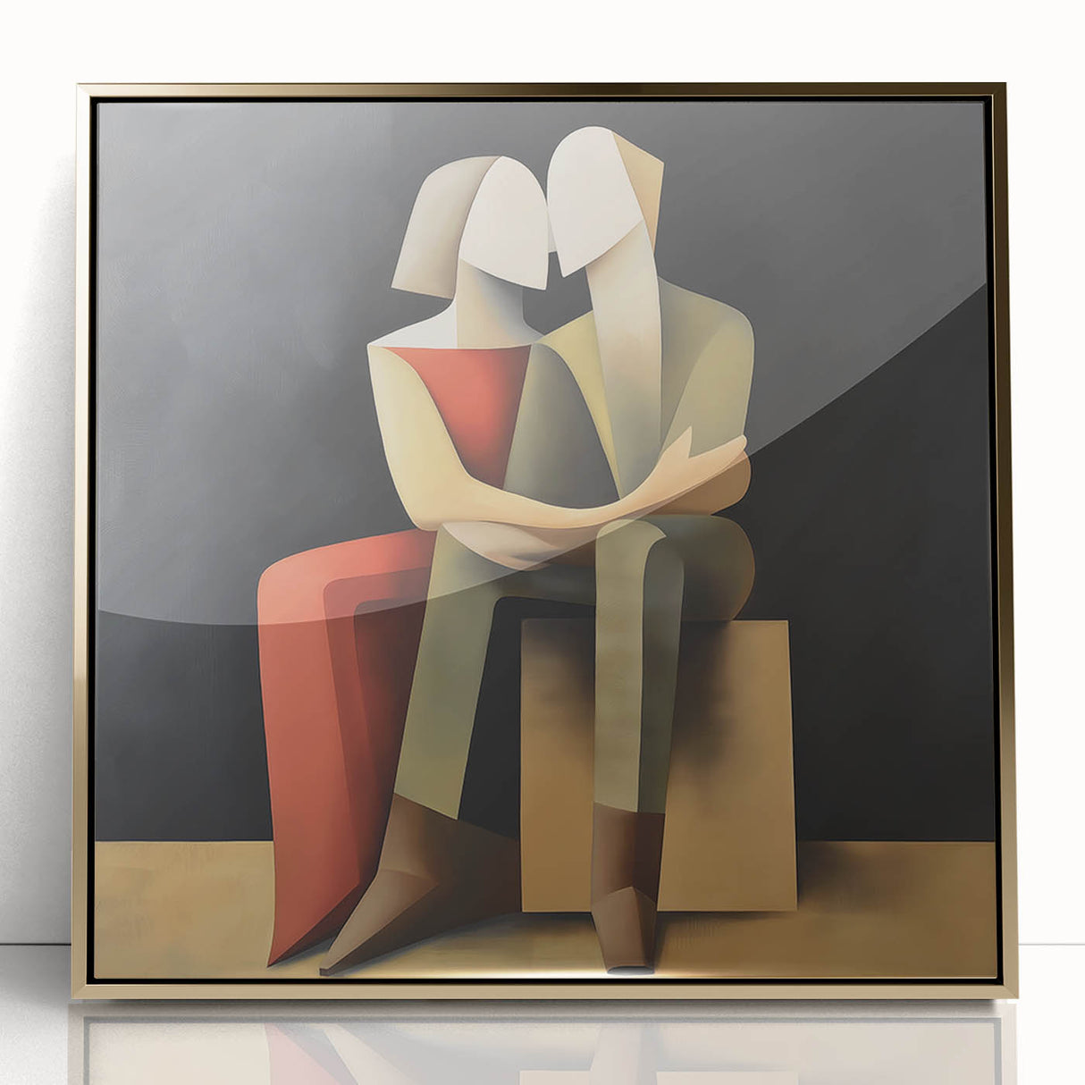 Abstract figurative framed acrylic artwork in gold, showcasing a modern design with fluid shapes and vibrant hues, ideal for contemporary home decor.