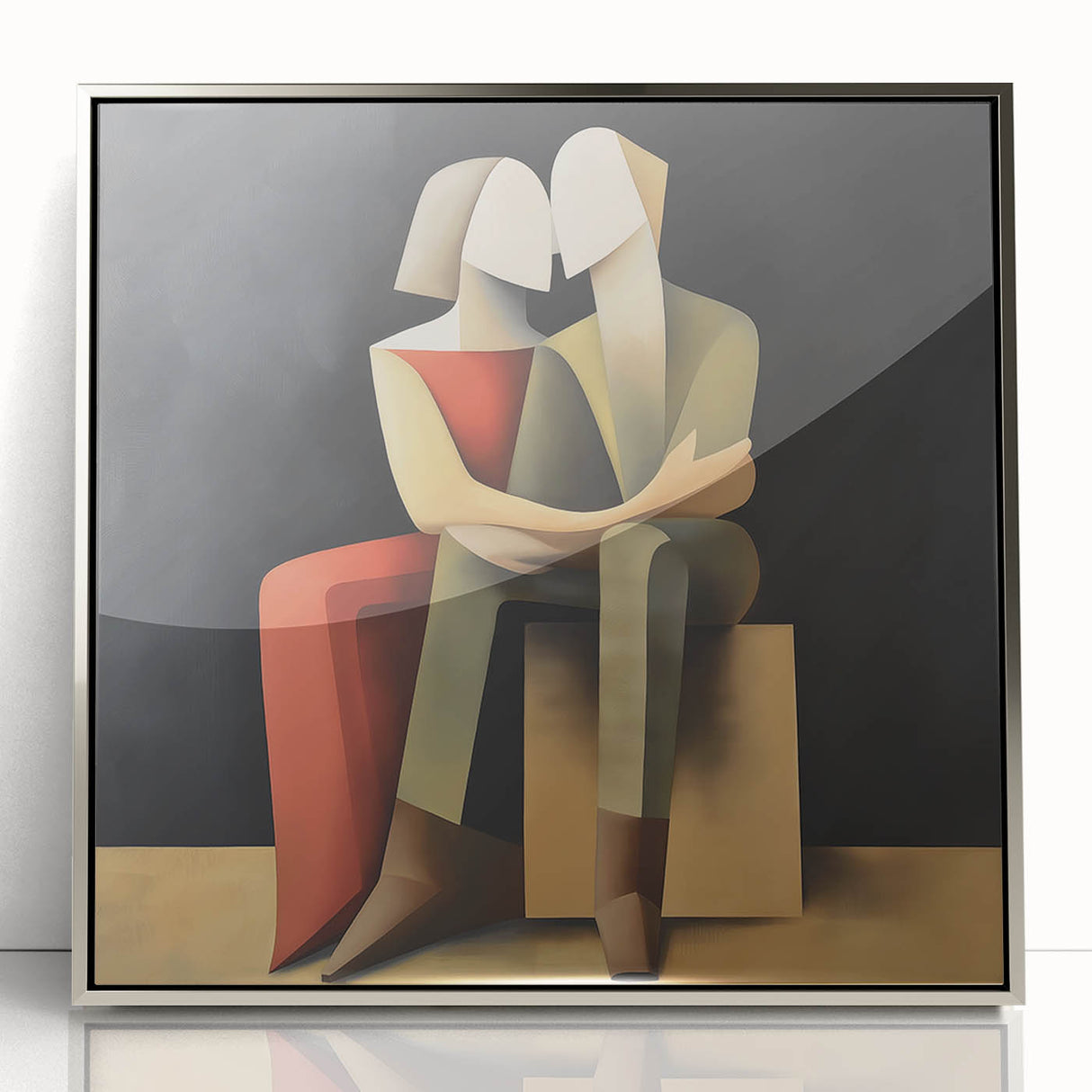 Framed abstract figurative wall art in silver acrylic showcasing dynamic shapes and textures, ideal for modern home decor. Perfect for adding elegance to any space.