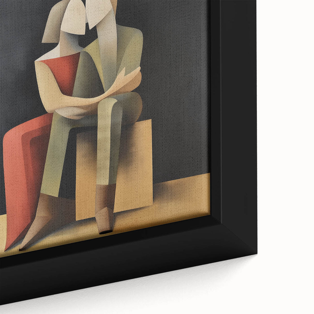 Close-up of an abstract figurative framed canvas art piece showcasing vibrant colors and intricate details, perfect for modern home decor or artistic spaces.