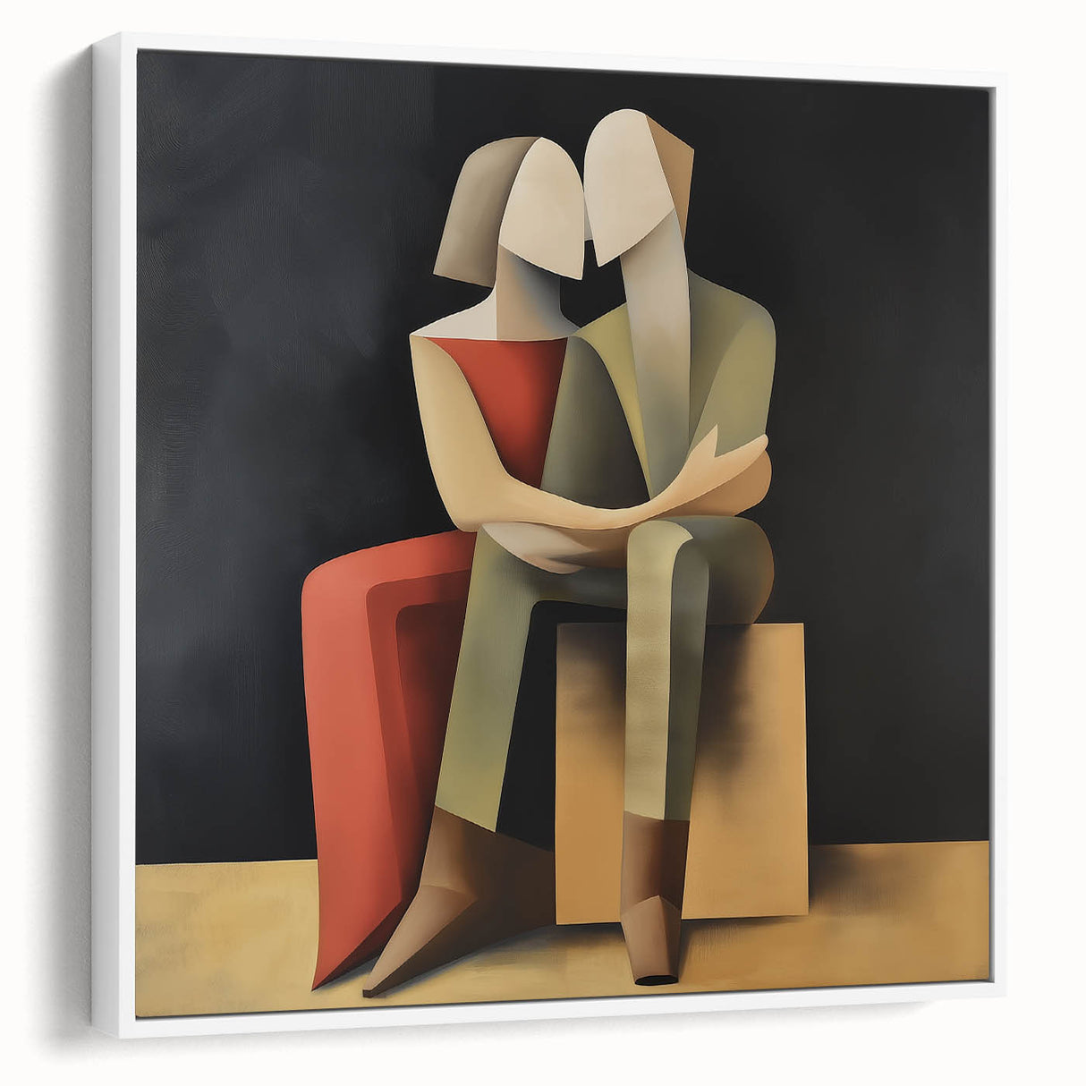 Framed abstract figurative canvas artwork showcasing vibrant colors and dynamic shapes, displayed against a white background for a modern aesthetic. Ideal for contemporary home decor.