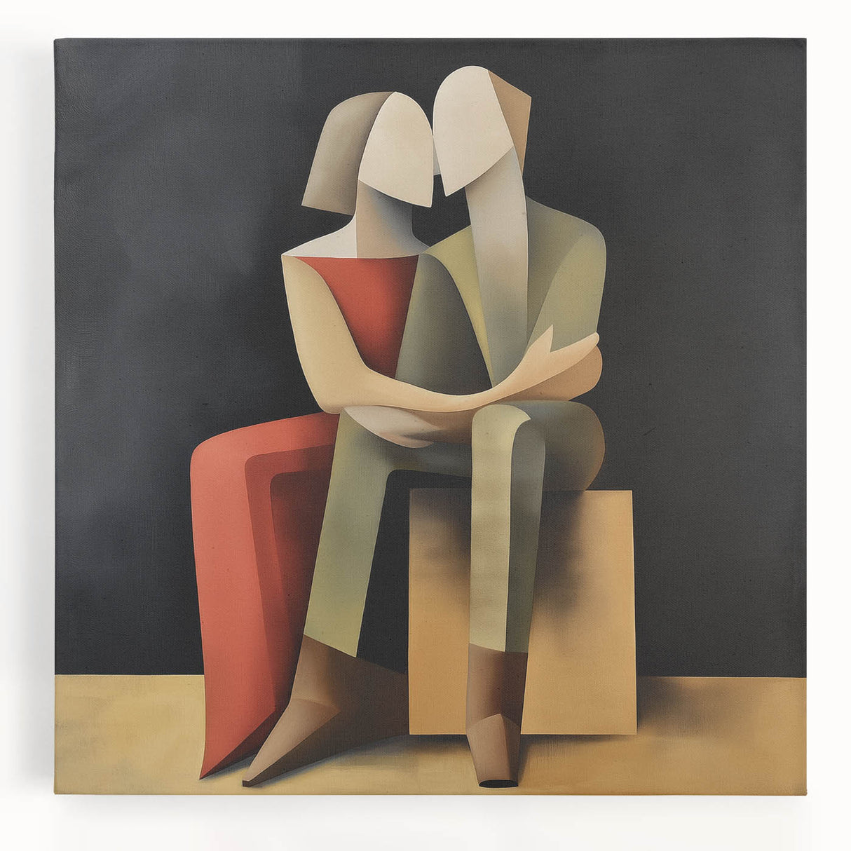 Abstract figurative stretched canvas artwork showcasing vibrant colors and dynamic shapes, ideal for modern home decor and artistic expression.