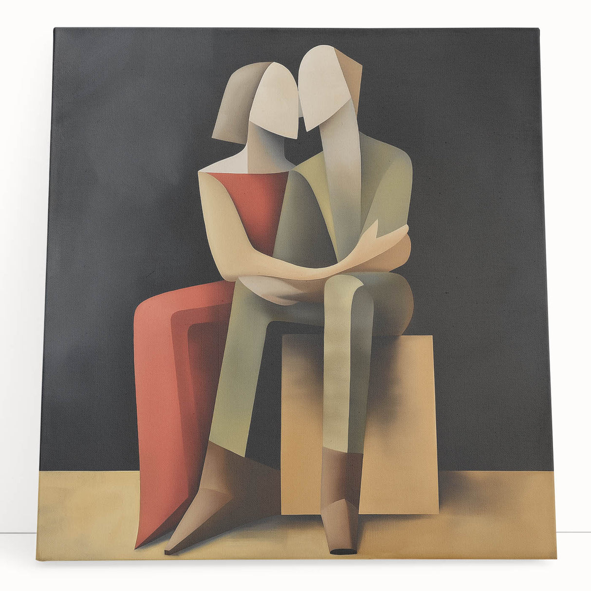 Abstract figurative stretched canvas artwork featuring vibrant colors and bold shapes, leaning against a textured wall, perfect for contemporary home decor.