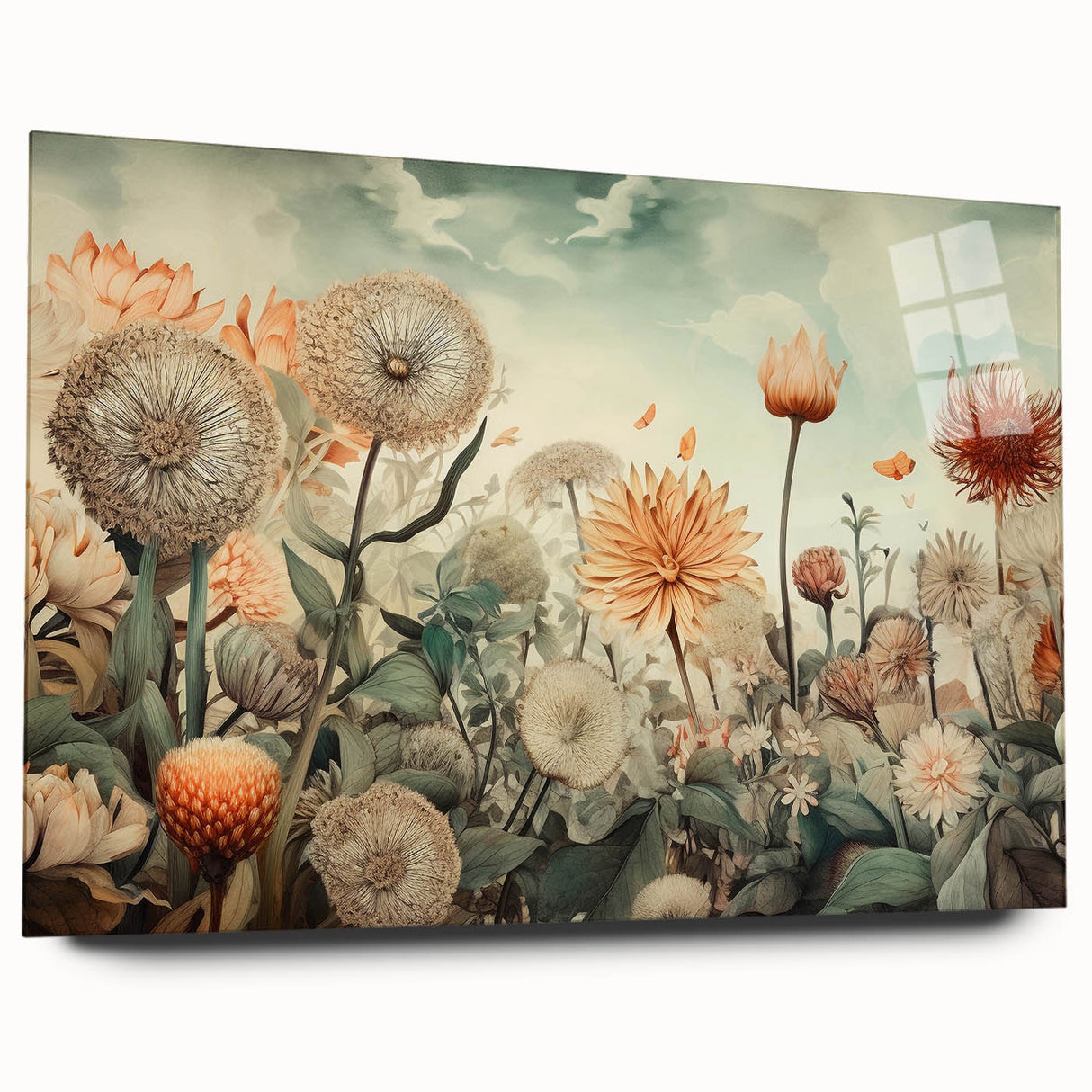 Abstract floral wall art displayed in a side view, featuring vibrant colors and intricate designs on acrylic glass. Perfect for modern home decor.
