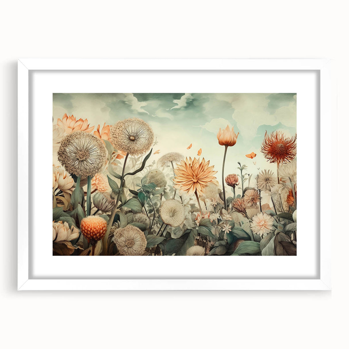 Abstract floral wall art in a white frame with matting, showcasing vibrant colors and intricate designs, ideal for modern home decor or artistic spaces.