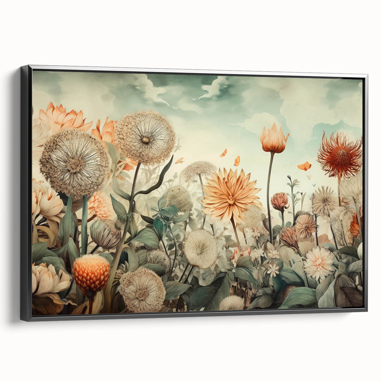 Framed abstract floral wall art in a black frame, showcasing vibrant colors and intricate designs, ideal for modern home decor, displayed in a side view.