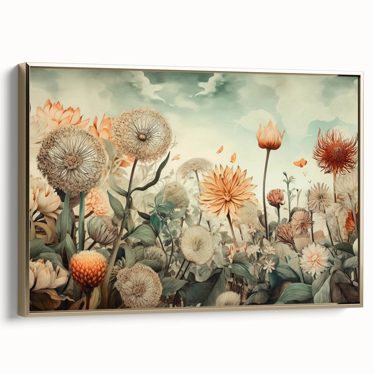 Framed canvas wall art showcasing vibrant abstract floral designs in gold and pastel colors, elegantly displayed from a side view, perfect for modern home decor.