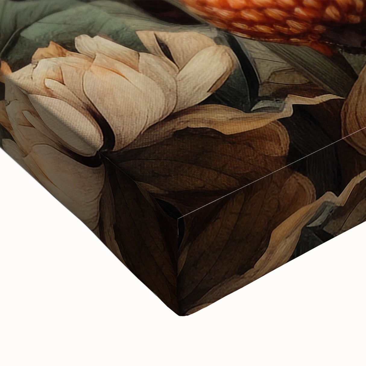 Close-up of vibrant abstract floral wall art on stretched canvas, featuring intricate details in shades of pink, blue, and green, perfect for modern decor.