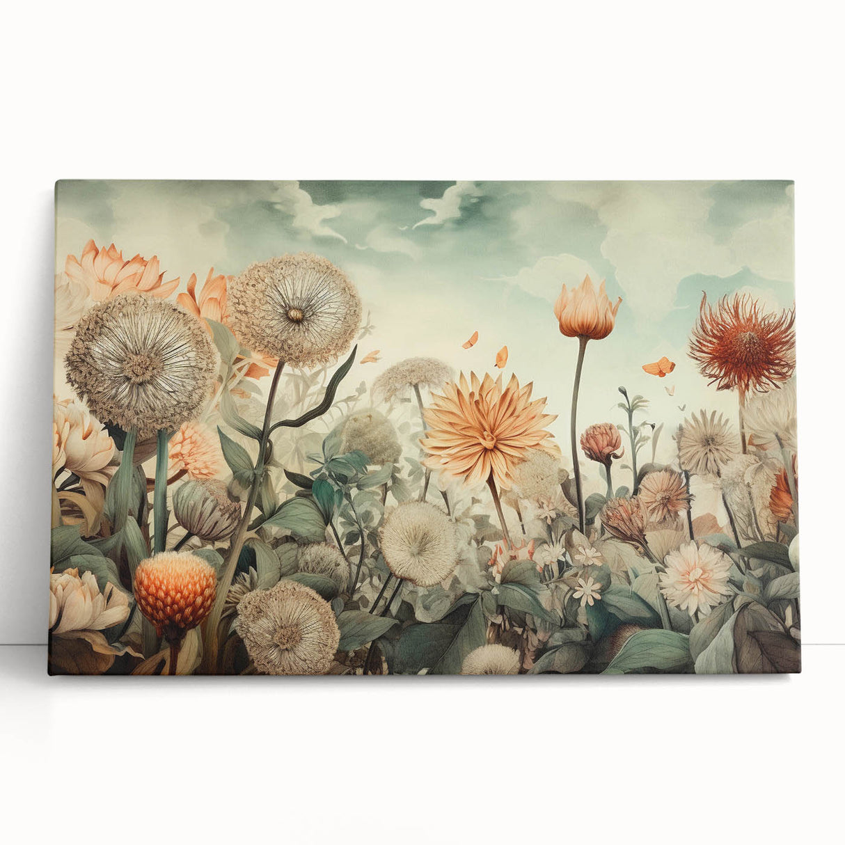 Abstract floral wall art on stretched canvas, showcasing vibrant colors and intricate designs, elegantly leaning against a neutral wall in a modern setting. Perfect for home decor enthusiasts looking to enhance their space with artistic flair.