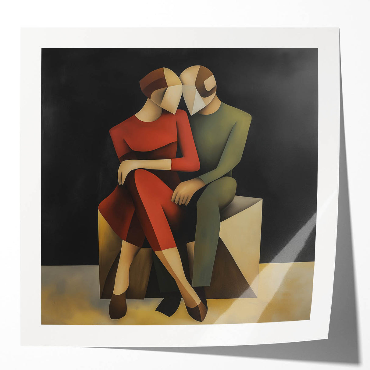 Abstract figurative art print showcasing vibrant colors and dynamic shapes, presented in a glossy finish, ideal for modern home decor or art collections.