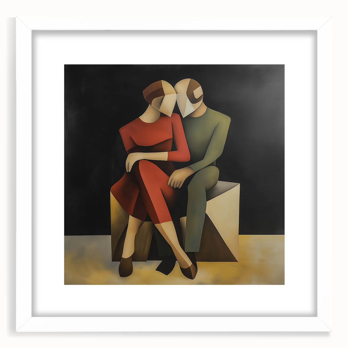 Abstract figurative frame with a white mat, showcasing a modern art piece that highlights vibrant colors and dynamic shapes, perfect for contemporary decor.