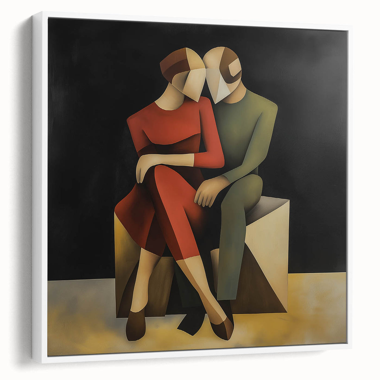 Framed abstract figurative canvas art in a sleek white frame, showcasing dynamic shapes and muted colors, perfect for modern home decor or art enthusiasts.