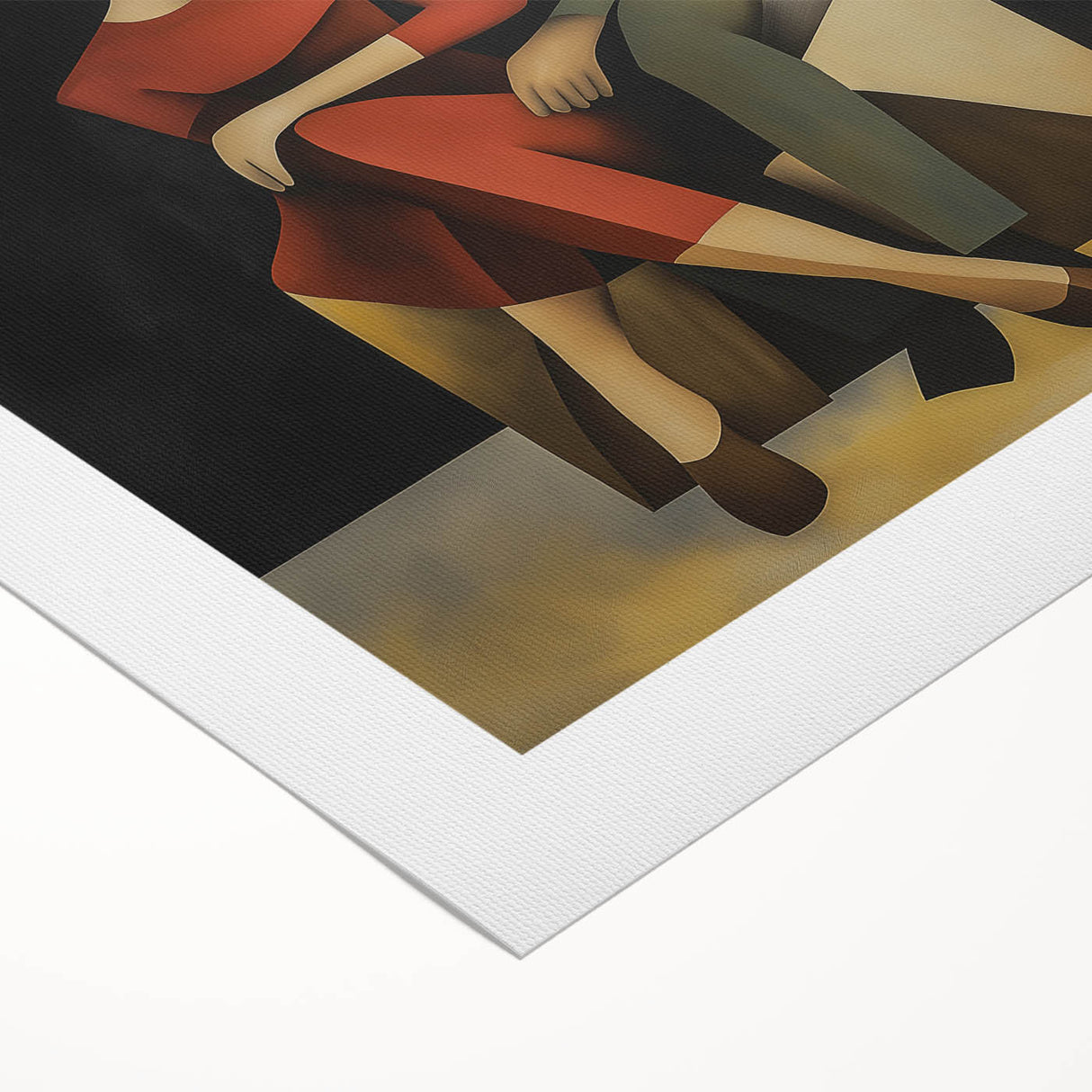 Abstract figurative art on rolled canvas showcasing vibrant colors and dynamic shapes, ideal for modern home decor; packaged securely in a cardboard tube.