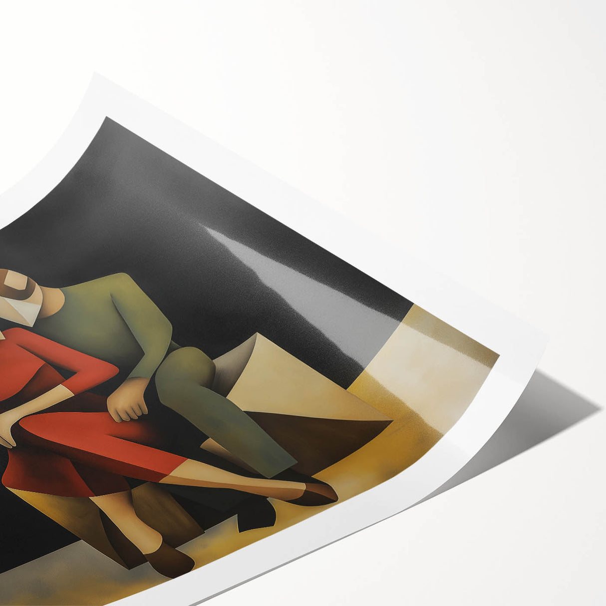 Abstract figurative rolled print showcasing vibrant colors and dynamic shapes, ideal for modern home decor. Packaged securely in a cardboard tube for safe delivery.