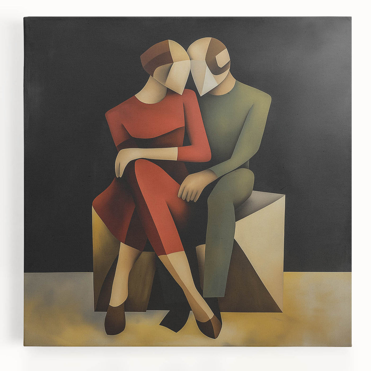 Abstract figurative stretched canvas artwork showcasing vibrant colors and dynamic shapes, perfect for modern home decor, elevating artistic ambiance in living spaces.