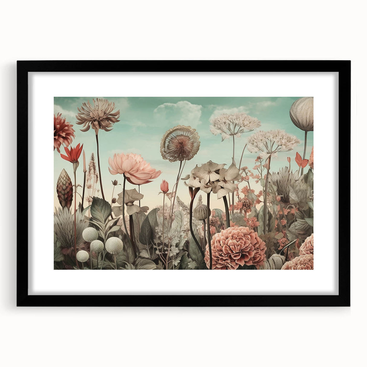 Abstract floral wall art framed in black with a white mat, showcasing vibrant colors and intricate patterns, perfect for modern home decor.