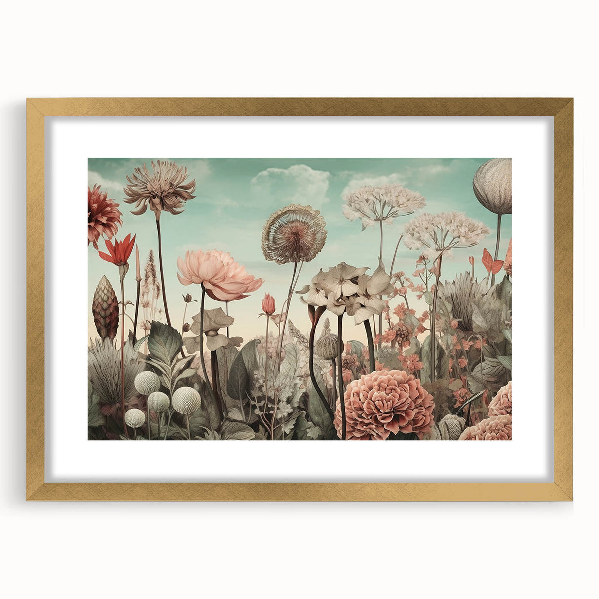 Abstract floral wall art featuring vibrant colors in a gold frame, accented by a white mat, showcasing a modern design perfect for home decor.