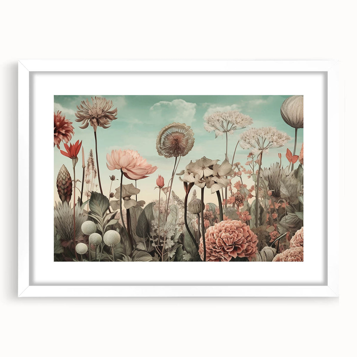 Abstract floral wall art framed with a white mat, showcasing vibrant colors and intricate designs, perfect for modern home decor. Ideal for enhancing living spaces.