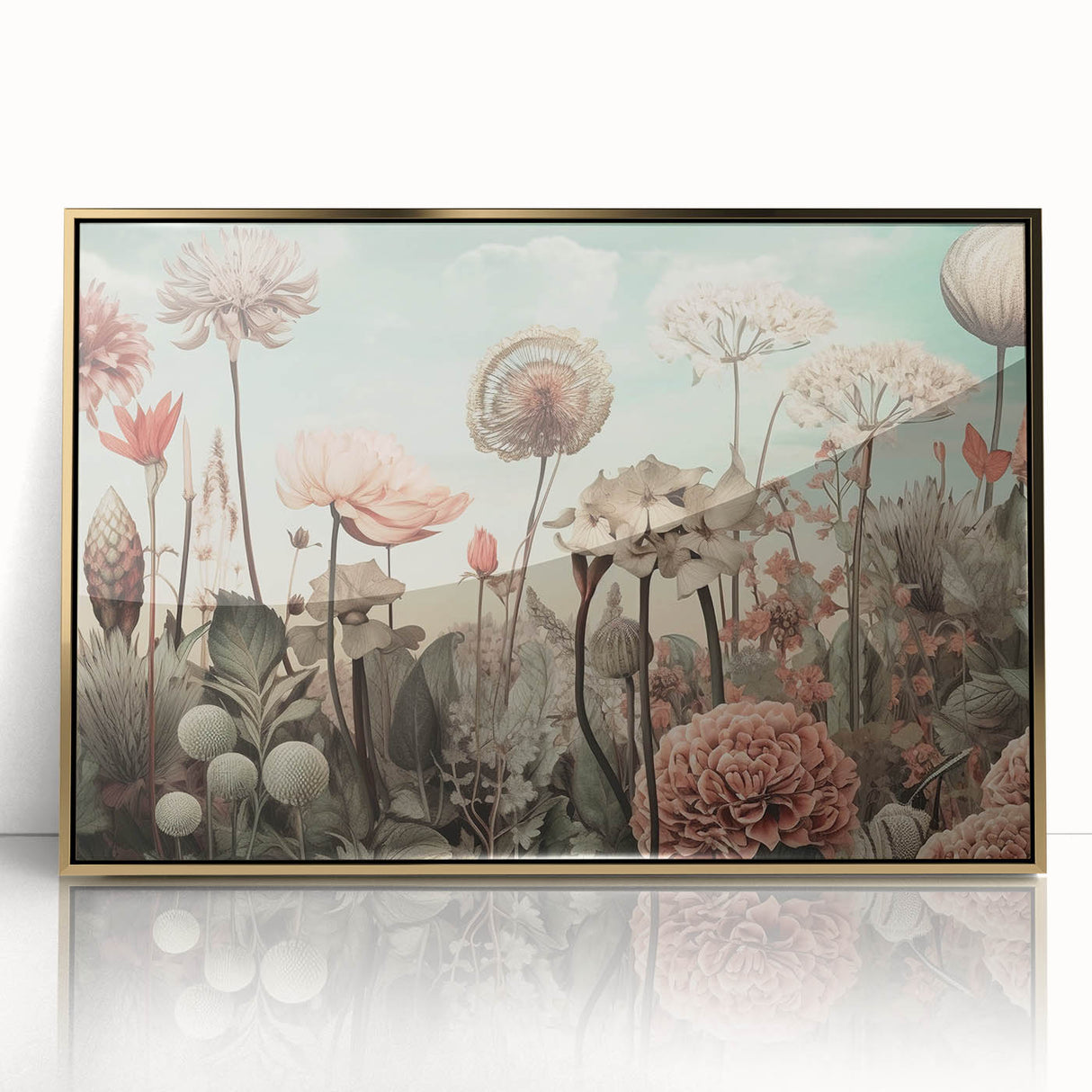 Framed abstract floral wall art in gold-acrylic finish, showcasing vibrant colors and intricate designs, ideal for enhancing modern interior decor and aesthetics.