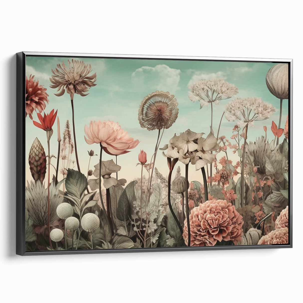Framed canvas wall art showcasing abstract floral designs in vibrant colors, presented in a sleek black frame, ideal for modern home decor.