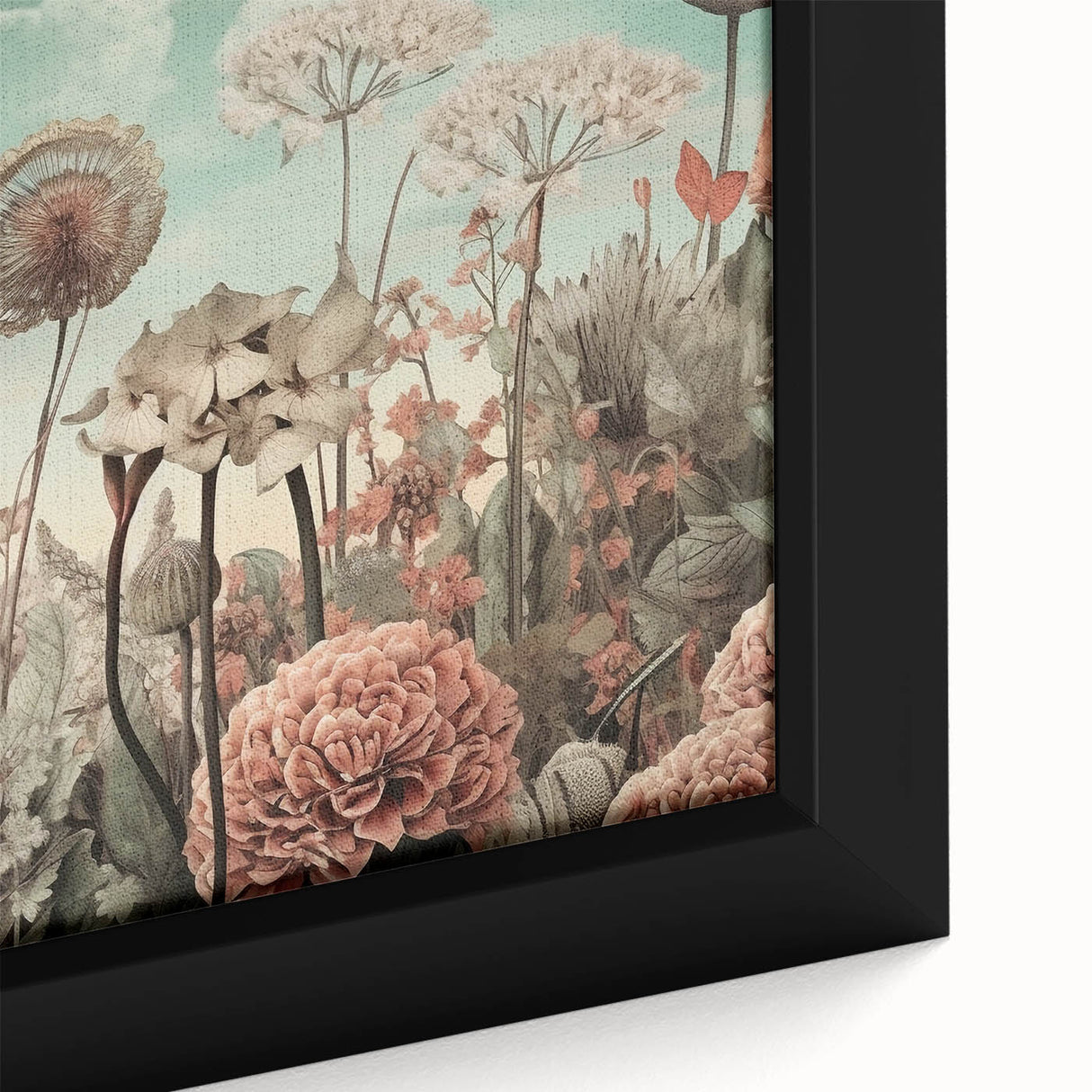 Close-up of an abstract floral wall art piece featuring vibrant colors and intricate details, elegantly framed in a modern black frame, perfect for home decor.