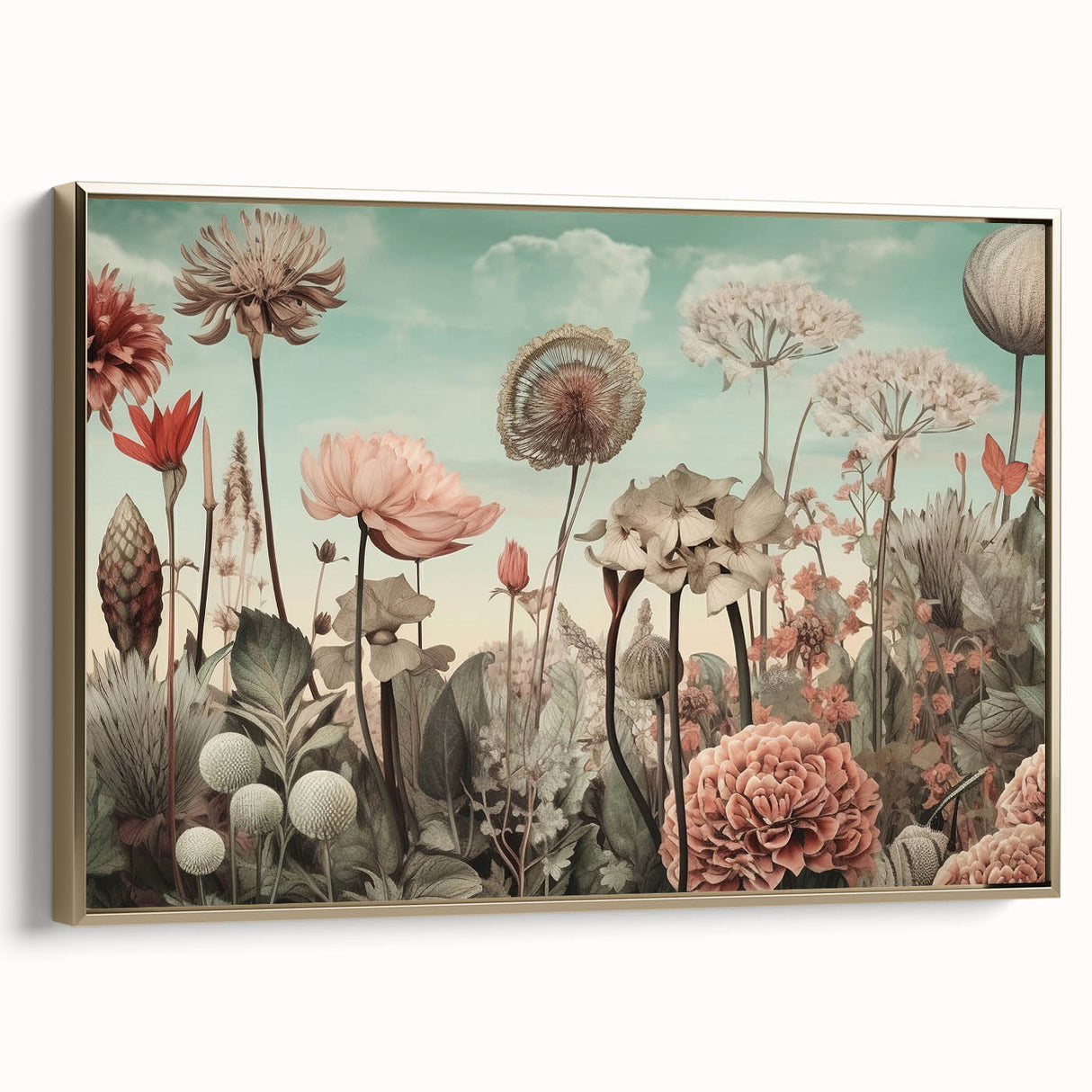 Framed abstract floral wall art showcasing vibrant colors with gold accents, displayed in a stylish side view, perfect for modern home decor.