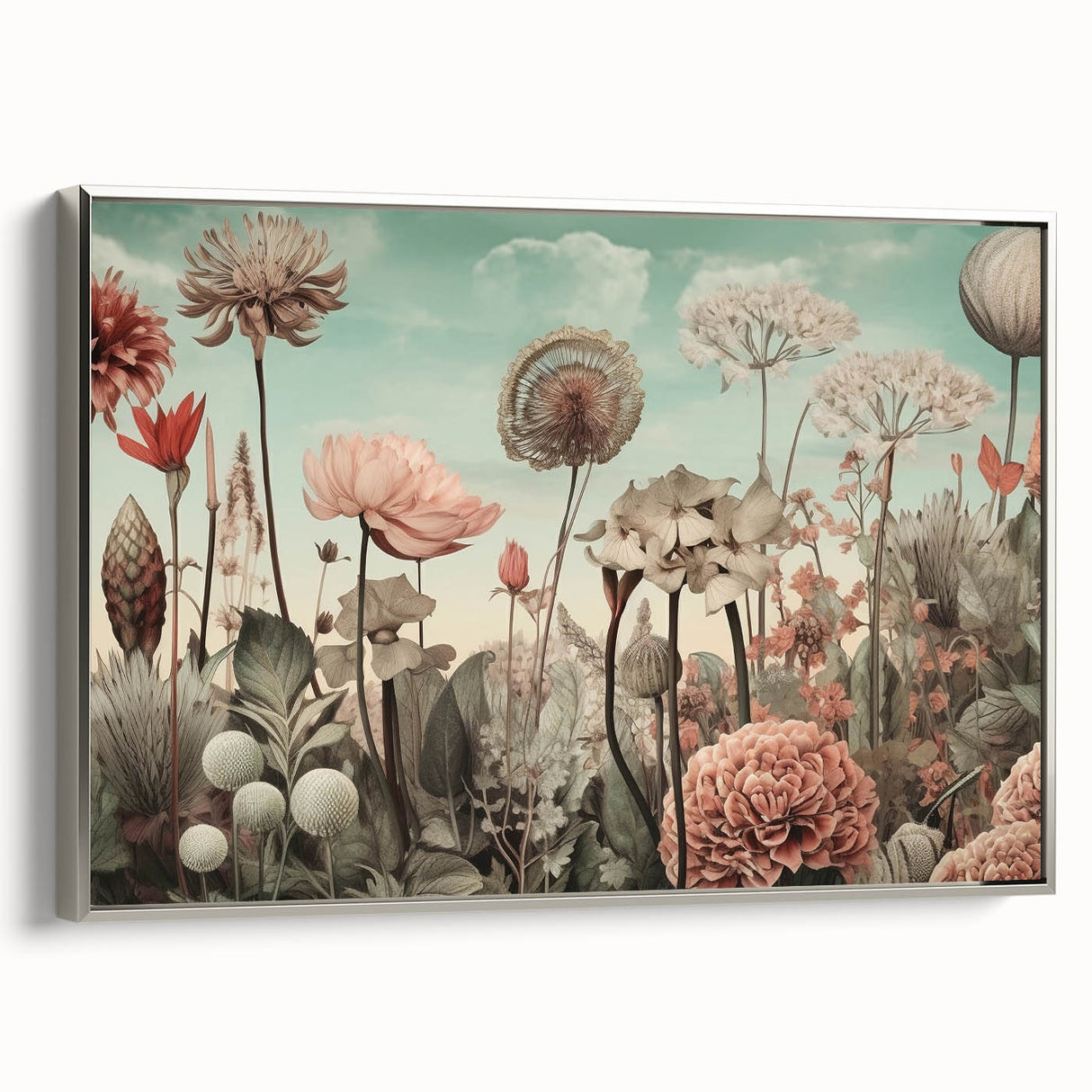 Framed canvas wall art featuring abstract floral designs in vibrant colors, accented with a sleek silver frame, showcasing a modern artistic style perfect for home decor.