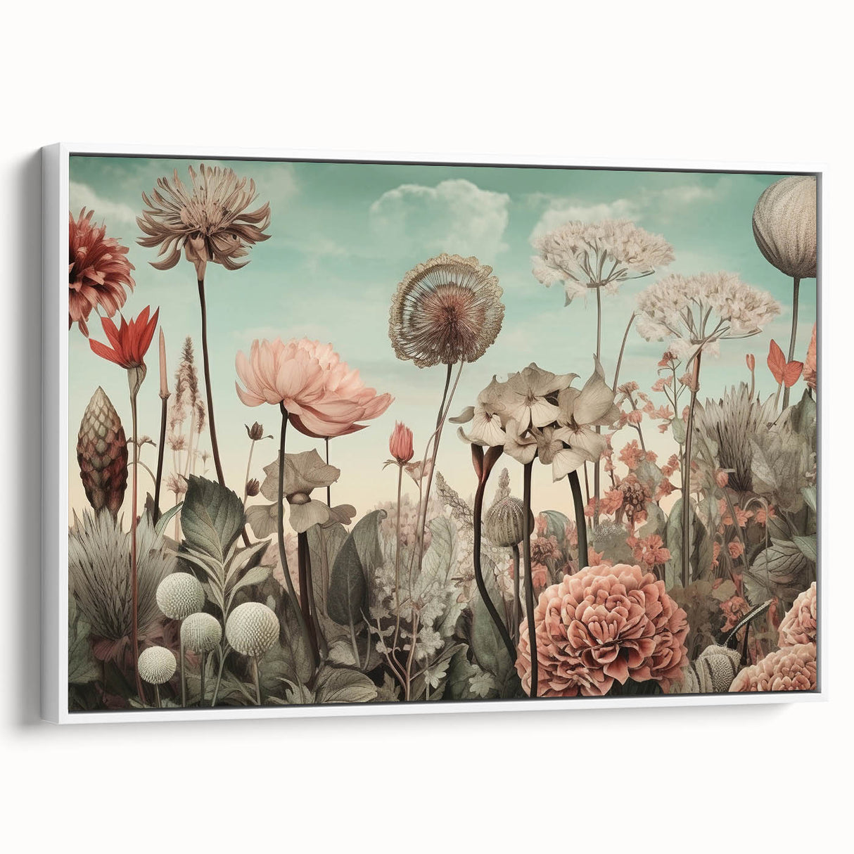 Framed abstract floral wall art featuring vibrant colors and intricate designs on a white background, showcased from a side view to highlight the depth and texture of the canvas.