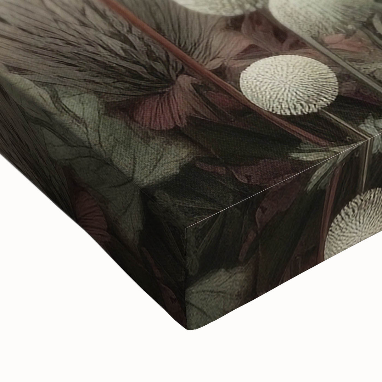 Close-up of vibrant abstract floral wall art on stretched canvas, showcasing intricate details and rich colors, perfect for modern home decor enhancement.