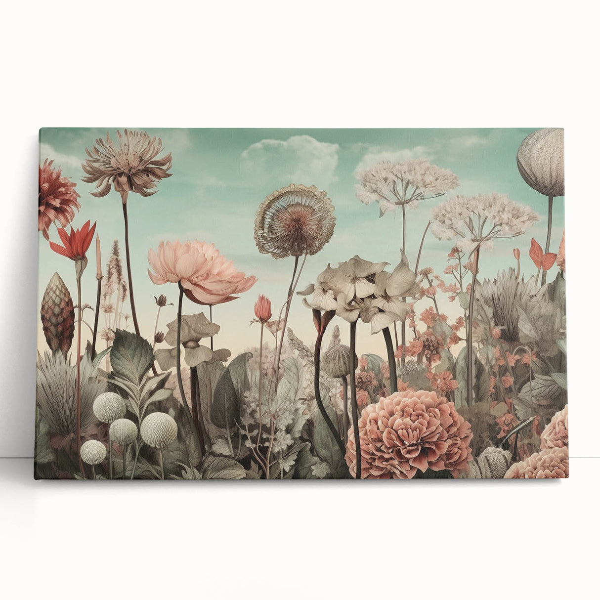 Abstract floral wall art on stretched canvas, showcasing vibrant colors and intricate designs, ideal for modern home decor. The piece leans against a neutral backdrop, adding elegance and creativity to any space.