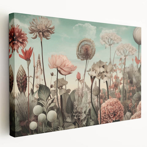 Abstract floral wall art on stretched canvas displaying vibrant colors and intricate patterns, ideal for home decor or artistic enhancement. This side view highlights the canvas's depth and texture, perfect for modern living spaces.