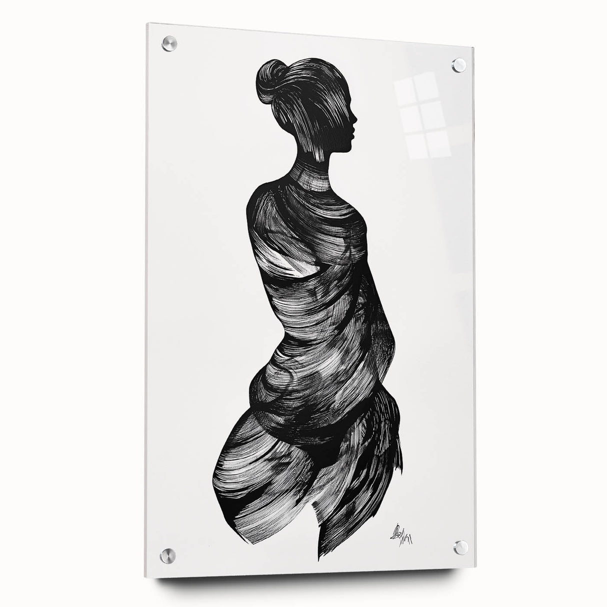 Abstract figurative artwork displayed in a sleek acrylic frame, featuring bold colors and dynamic shapes, complemented by decorative pins for an artistic touch.
