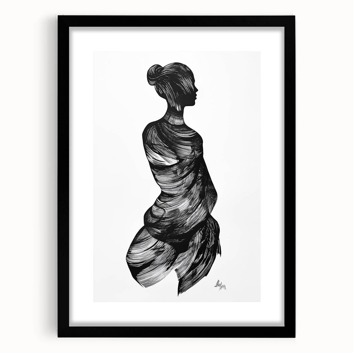 Abstract figurative black picture frame showcasing a modern design with a mat, ideal for displaying artwork or photographs, emphasizing its sleek front view and stylish aesthetic.