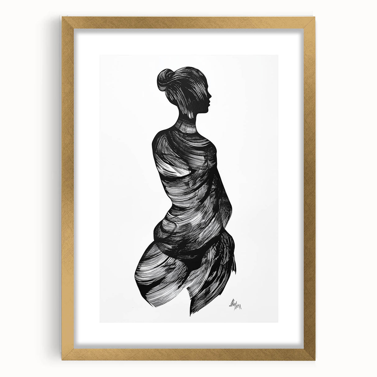 Abstract figurative artwork framed in elegant gold, showcasing a modern design with intricate patterns and textures, ideal for contemporary home decor.