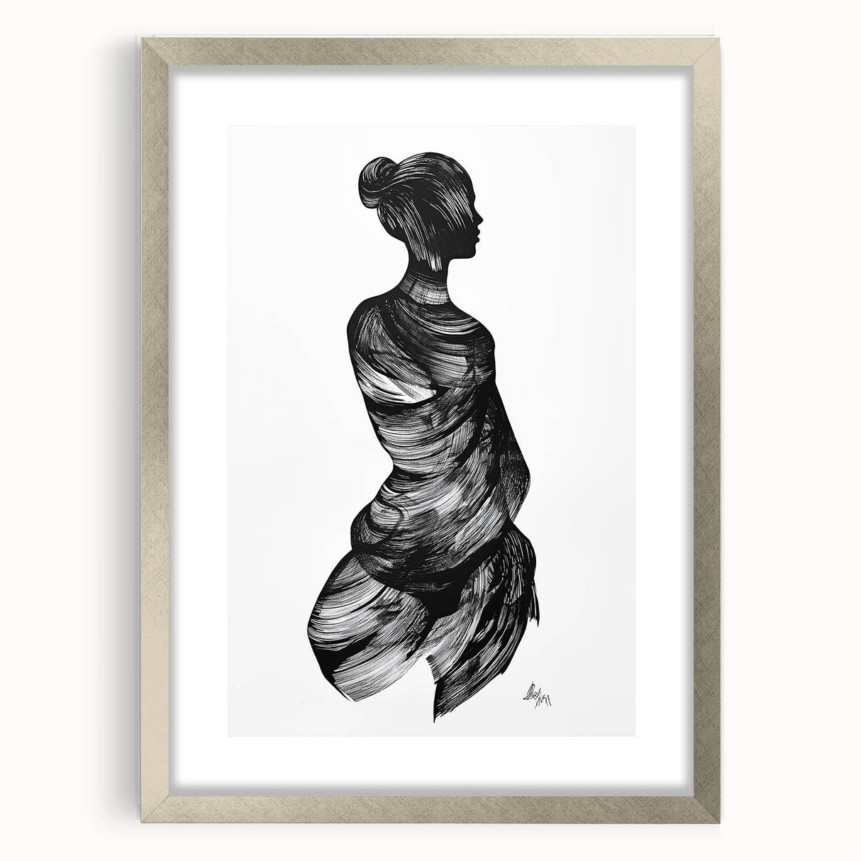 Abstract figurative frame with a silver mat, showcasing a modern design that complements contemporary decor. Ideal for displaying artwork or photographs in stylish settings.