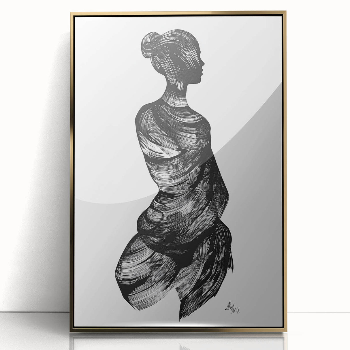 Framed abstract figurative art piece with gold accents, showcasing a unique design that blends modern and classic styles, perfect for home decor.