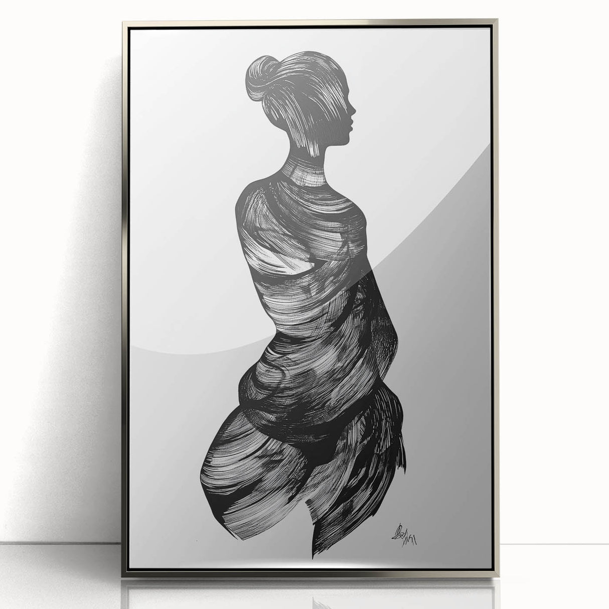 Framed abstract figurative wall art in silver acrylic, showcasing fluid shapes and vibrant colors, perfect for modern home decor. Ideal for enhancing artistic spaces.