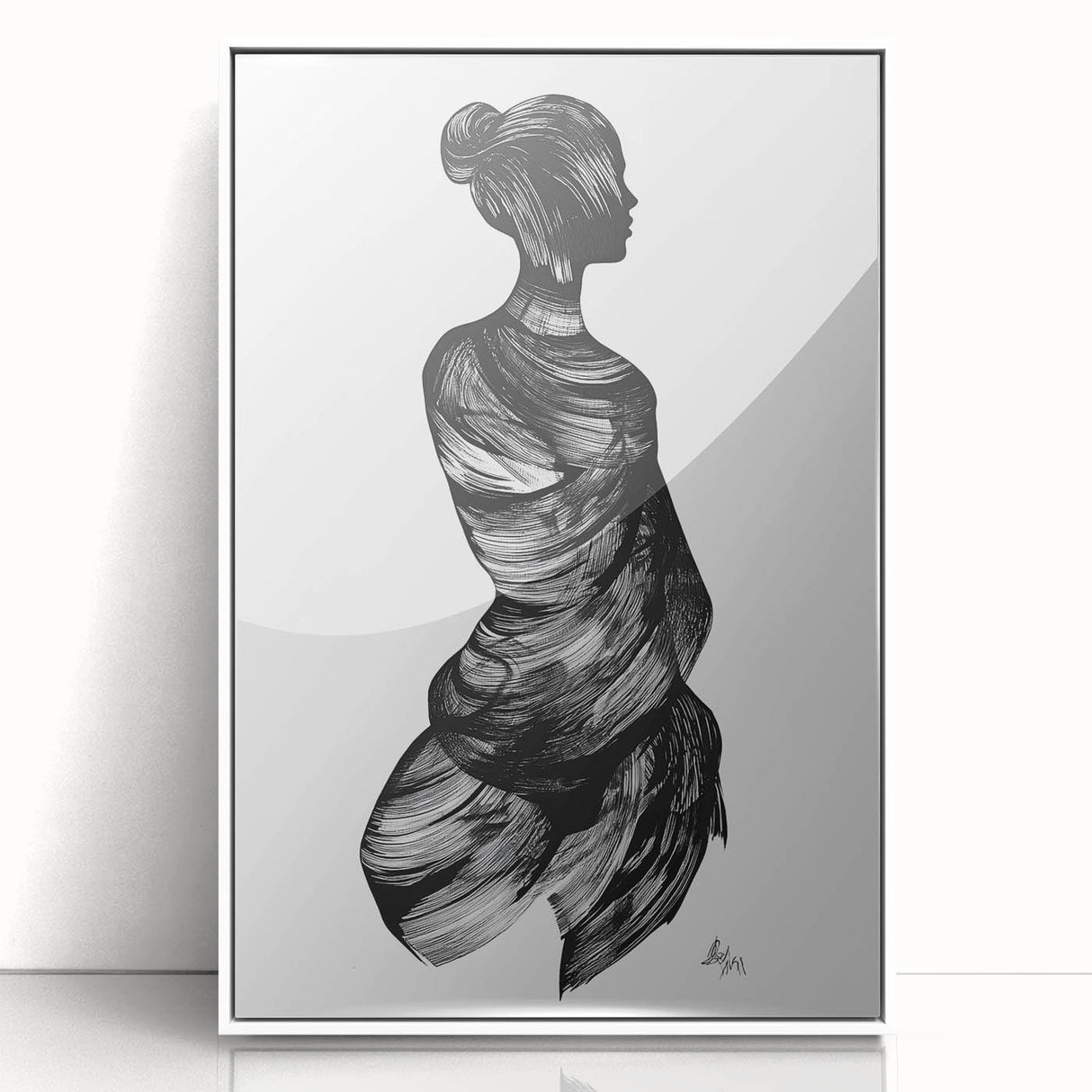 Abstract figurative artwork in a sleek white frame, showcasing vibrant colors and dynamic shapes, perfect for modern home decor or gallery display.