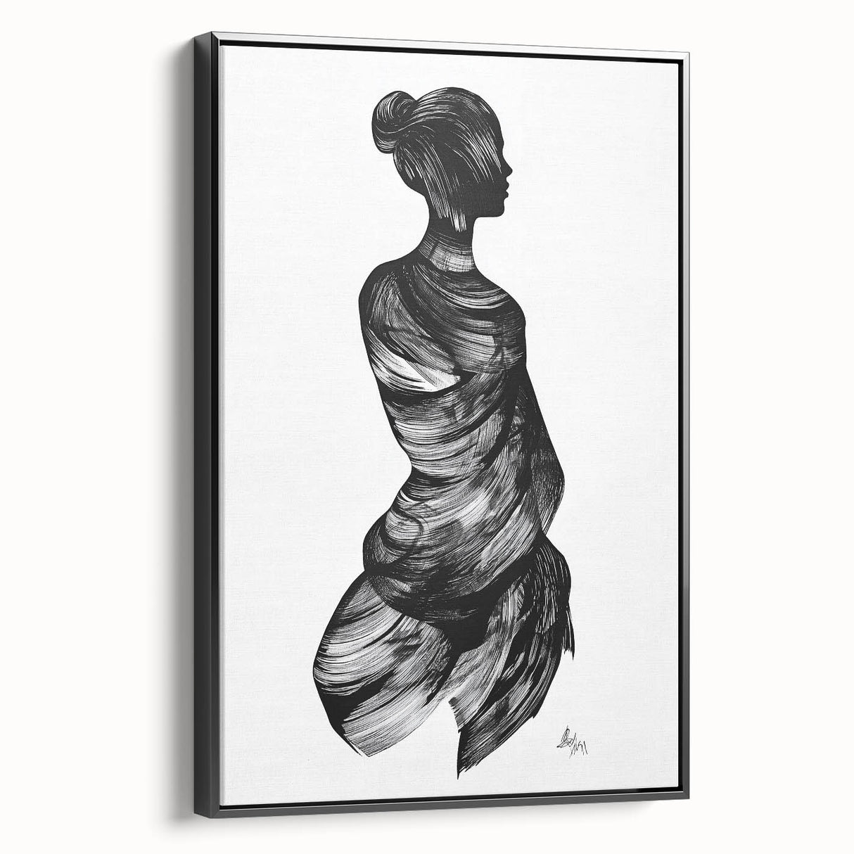 Abstract figurative framed canvas artwork showcasing a dynamic design with bold colors and shapes, displayed in a black frame, ideal for modern home decor.