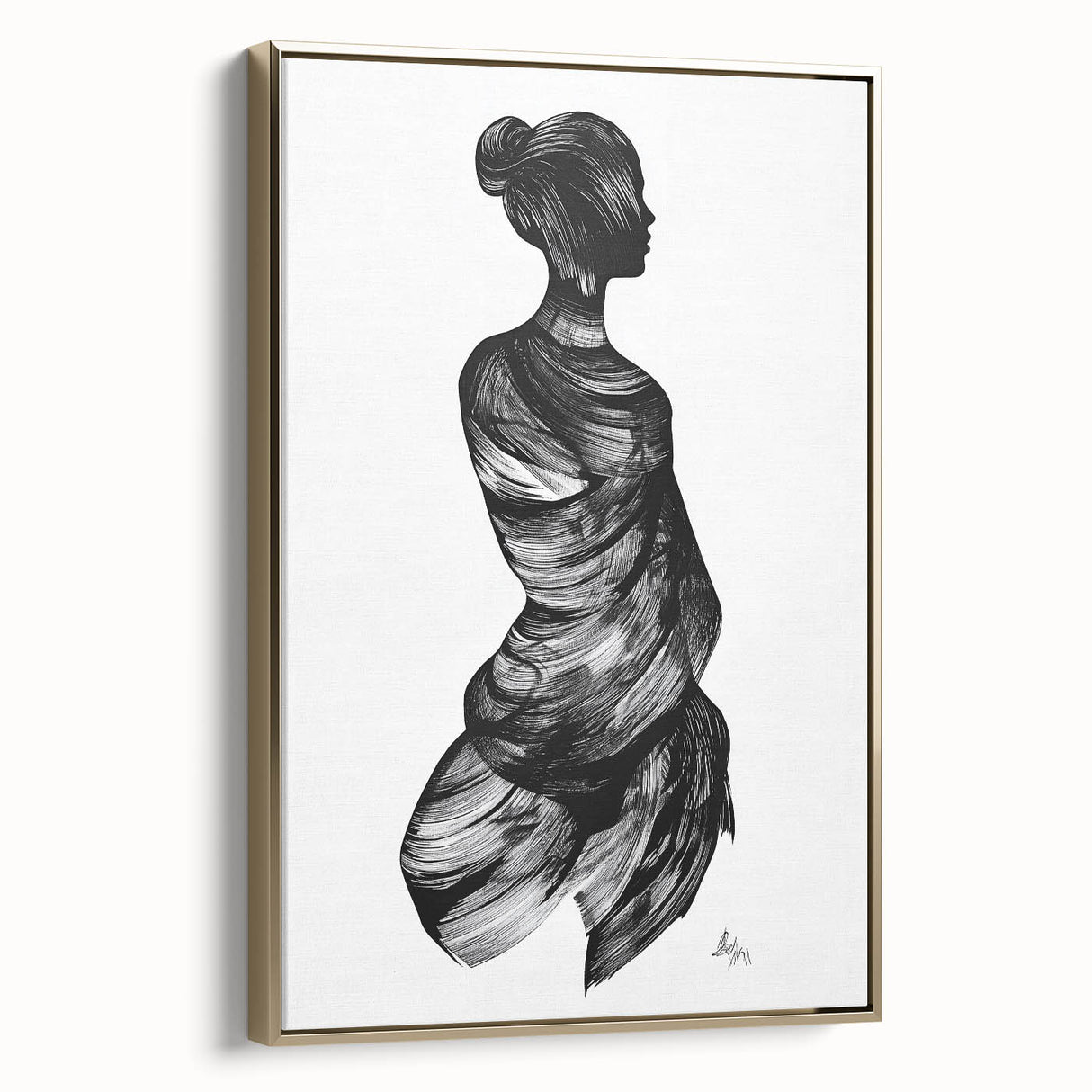 Framed abstract figurative canvas artwork with a gold border, showcasing intricate designs and vibrant colors, displayed in a stylish side view against a neutral background.
