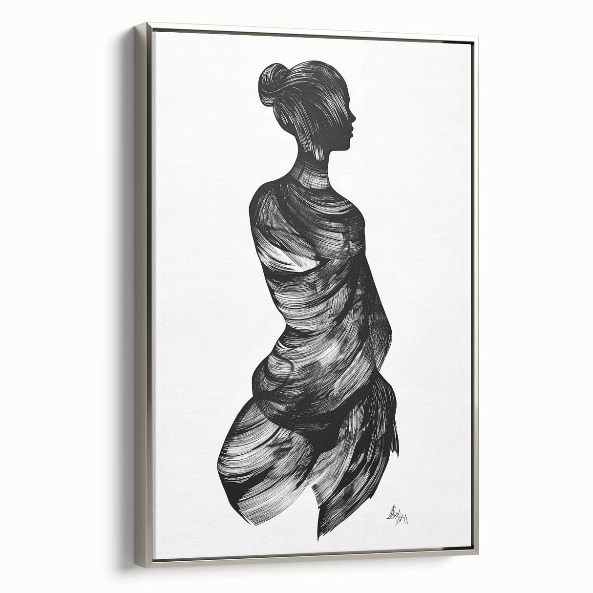 Abstract figurative artwork framed in silver, showcasing vibrant colors and dynamic shapes, perfect for modern interior decor. Ideal for art enthusiasts seeking unique wall decor.