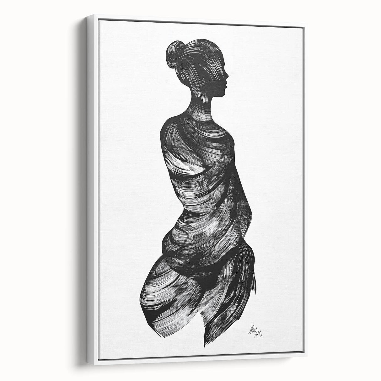 Framed abstract figurative canvas artwork featuring a minimalist design with white tones, showcasing elegant shapes and textures, ideal for modern decor.