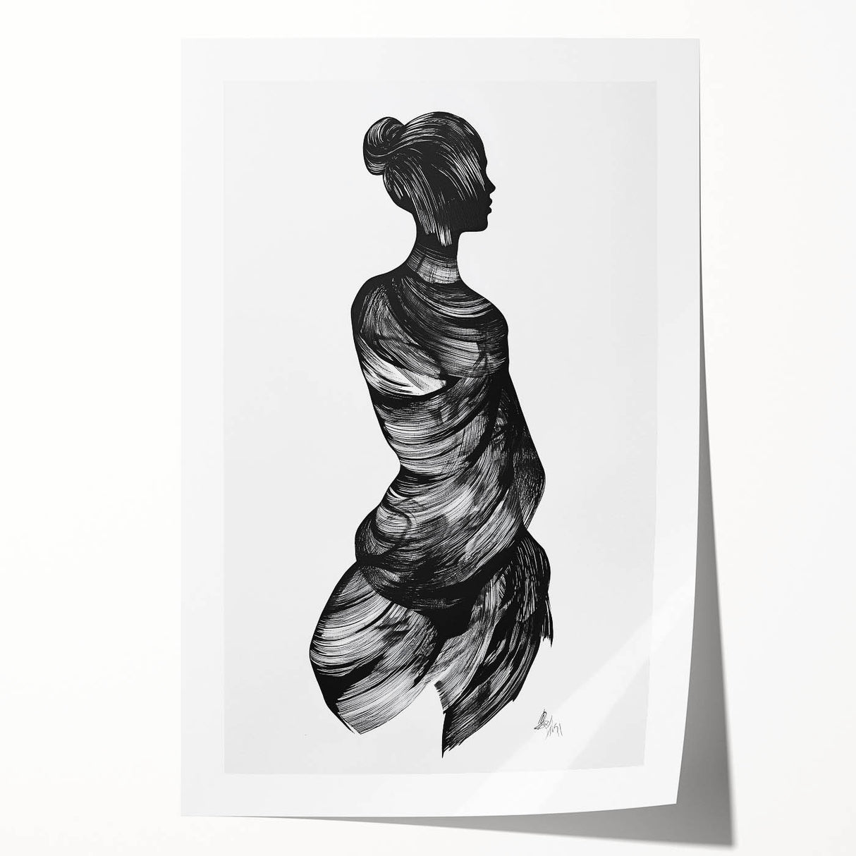 Abstract figurative rolled print showcasing vibrant colors and dynamic shapes, elegantly packaged in a durable cardboard tube, perfect for home decor.