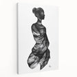 Abstract figurative stretched canvas artwork showcasing vibrant colors and dynamic shapes, viewed from the side, ideal for modern decor, adding artistic flair to any space.