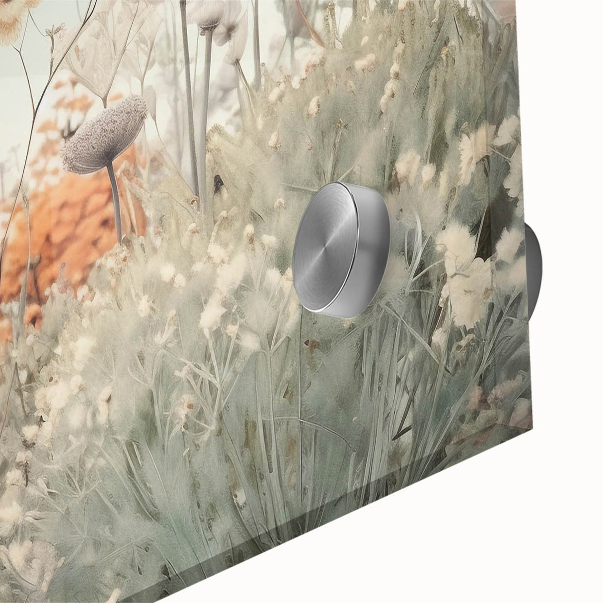 Close-up of vibrant abstract floral wall art design featuring bold colors and intricate details, displayed on sleek acrylic glass for a modern aesthetic.