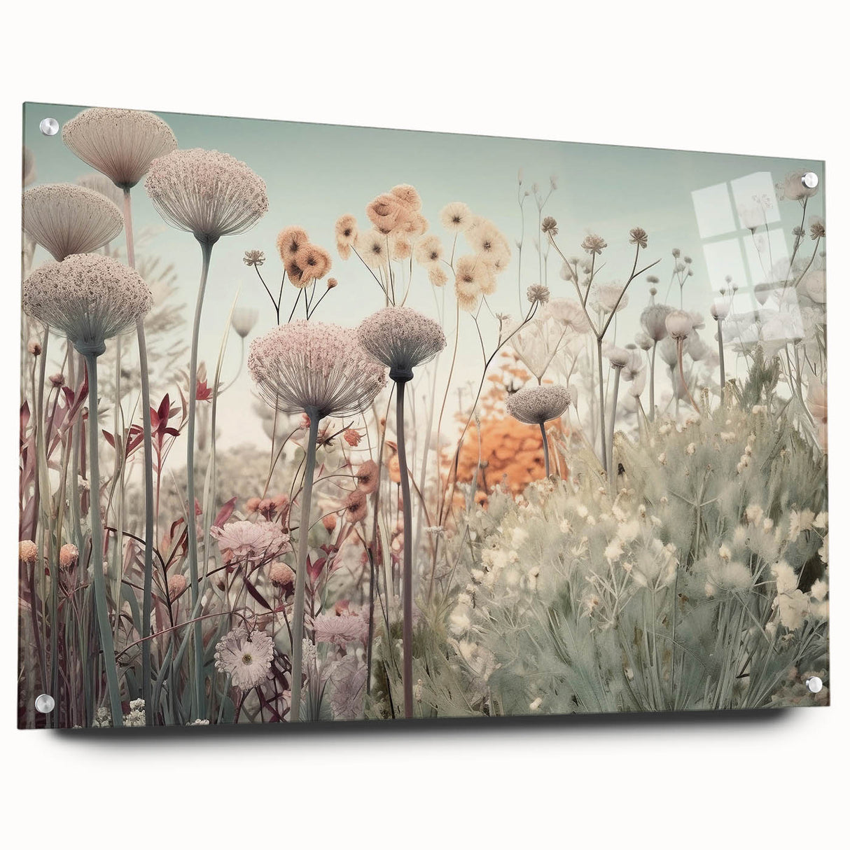 Abstract floral wall art displayed in a sleek acrylic glass frame, showcasing vibrant colors and intricate designs. The piece is elegantly mounted with pins, highlighting its modern aesthetic perfect for home decor.