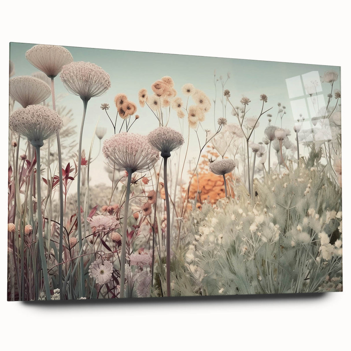 Abstract floral wall art displayed in a side view on acrylic glass, showcasing vibrant colors and intricate patterns, perfect for modern home decor.