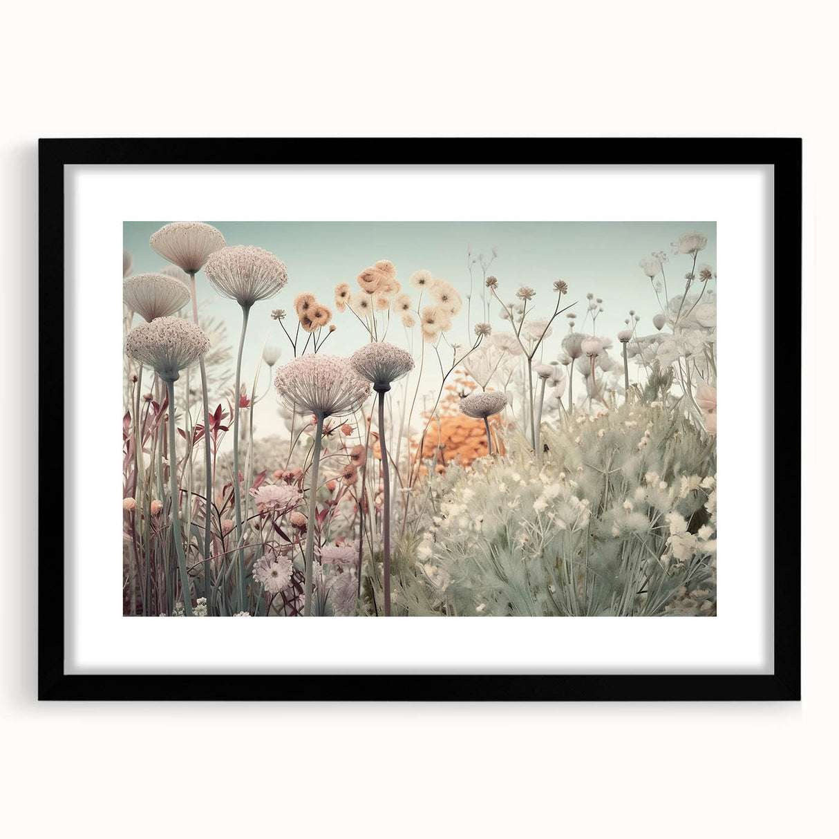 Abstract floral wall art featuring vibrant colors and intricate designs, framed in black with a mat, perfect for enhancing modern home decor.