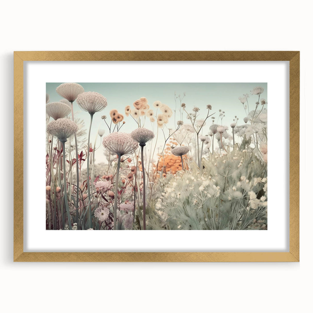 Abstract floral wall art framed with a gold mat, showcasing vibrant colors and intricate designs, perfect for enhancing modern home decor or offices.